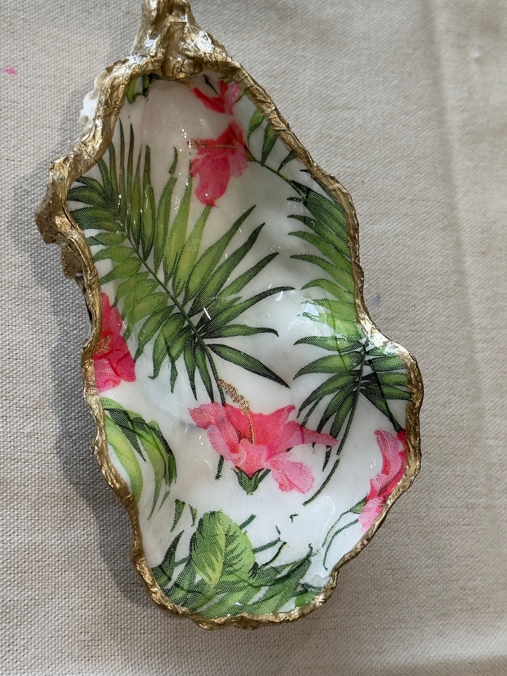 Decoupage Tropical Floral Oyster Shell / Decorative Trinket in Pink and Green